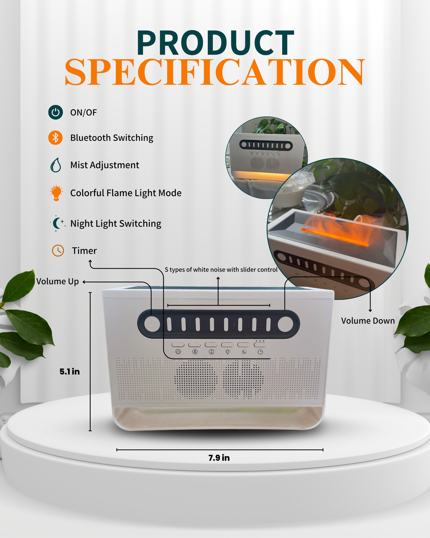 Vivid Vibe, White Noise Bluetooth Speaker with Aromatherapy and Colorful Light Imitation Flame